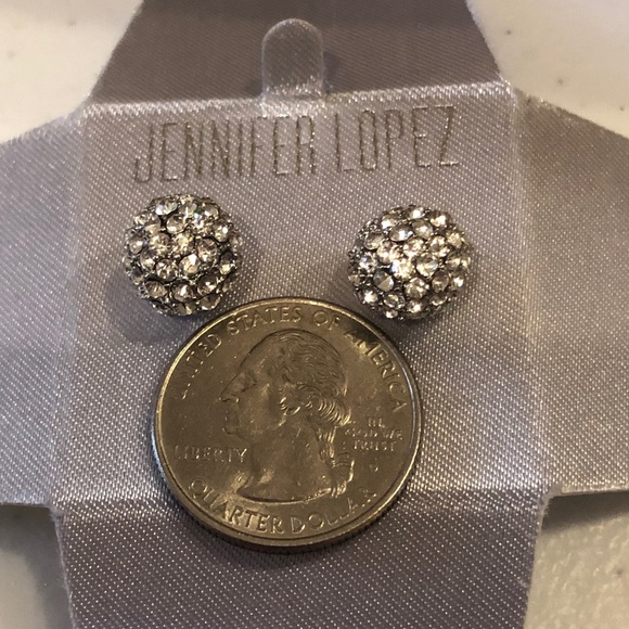 New in Box Jennifer Lopez Earrings silver tone clear rhinestone balls postback - Picture 3 of 5